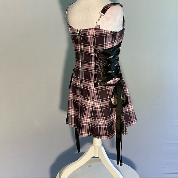 Dolls Kill Lg Gothic/Punk/Witchy Pink/Black Plaid Mini Dress Black Ribbon Laceup - Picture 7 of 12